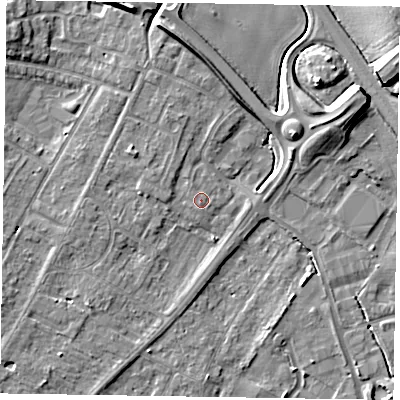 Shaded relief map of the ground around NG242FJ, computed from Environment Agency LiDAR. The ground here sits at about 11 m above sea level and falls 10 m across the surrounding 800 m. Surface water reaching this point runs off ground lying to the south-west, 3.6 m higher.