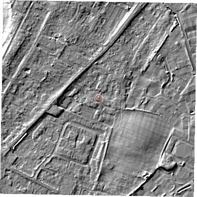 Shaded relief map of the ground around NG242FX, computed from Environment Agency LiDAR. The ground here sits at about 11 m above sea level and falls 4 m across the surrounding 800 m. Surface water reaching this point runs off ground lying to the south-east, 3.1 m higher.
