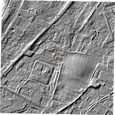 Shaded relief map of the ground around NG242FY, computed from Environment Agency LiDAR. The ground here sits at about 11 m above sea level and falls 4 m across the surrounding 800 m. Surface water reaching this point runs off ground lying to the south-east, 3.1 m higher.