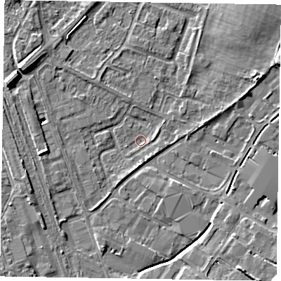 Shaded relief map of the ground around NG242HA, computed from Environment Agency LiDAR. The ground here sits at about 11 m above sea level and falls 12 m across the surrounding 800 m. Surface water reaching this point runs off ground lying to the south-south-east, 4.6 m higher.