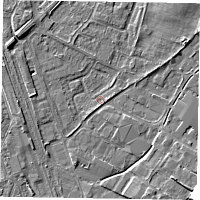 Shaded relief map of the ground around NG242HB, computed from Environment Agency LiDAR. The ground here sits at about 11 m above sea level and falls 18 m across the surrounding 800 m. Surface water reaching this point runs off ground lying to the south-south-east, 5.5 m higher.