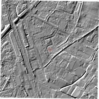 Shaded relief map of the ground around NG242HD, computed from Environment Agency LiDAR. The ground here sits at about 11 m above sea level and falls 11 m across the surrounding 800 m. Surface water reaching this point runs off ground lying to the west-north-west, 7.7 m higher.