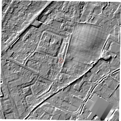 Shaded relief map of the ground around NG242HG, computed from Environment Agency LiDAR. The ground here sits at about 11 m above sea level and falls 7 m across the surrounding 800 m. Surface water reaching this point runs off ground lying to the south-south-west, 1.8 m higher.