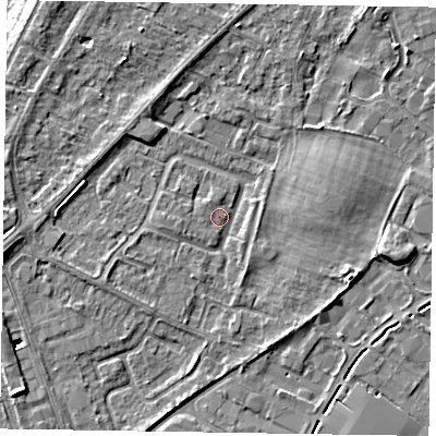 Shaded relief map of the ground around NG242HJ, computed from Environment Agency LiDAR. The ground here sits at about 11 m above sea level and falls 8 m across the surrounding 800 m. Surface water reaching this point runs off ground lying to the west-south-west, 2.1 m higher.