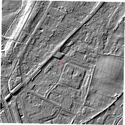 Shaded relief map of the ground around NG242HL, computed from Environment Agency LiDAR. The ground here sits at about 11 m above sea level and falls 11 m across the surrounding 800 m. Surface water reaching this point runs off ground lying to the west-south-west, 4.7 m higher.