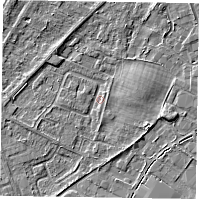 Shaded relief map of the ground around NG242HN, computed from Environment Agency LiDAR. The ground here sits at about 11 m above sea level and falls 3 m across the surrounding 800 m. Surface water reaching this point runs off ground lying to the west-south-west, 2.1 m higher.