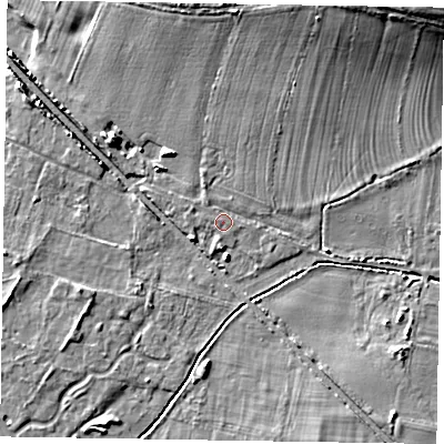 Shaded relief map of the ground around NG242NG, computed from Environment Agency LiDAR. The ground here sits at about 17 m above sea level and falls 15 m across the surrounding 800 m. Surface water reaching this point runs off ground lying to the north-north-east, 7.2 m higher.