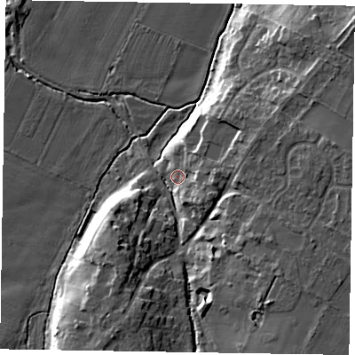 Shaded relief map of the ground around NG242NJ, computed from Environment Agency LiDAR. The ground here sits at about 12 m above sea level and falls 12 m across the surrounding 800 m. Surface water reaching this point runs off ground lying to the east, 6.2 m higher.