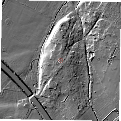 Shaded relief map of the ground around NG242NR, computed from Environment Agency LiDAR. The ground here sits at about 17 m above sea level and falls 12 m across the surrounding 800 m. Surface water reaching this point runs off ground lying to the east-north-east, 0.6 m higher.