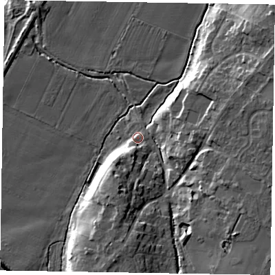 Shaded relief map of the ground around NG242NU, computed from Environment Agency LiDAR. The ground here sits at about 10 m above sea level and falls 14 m across the surrounding 800 m. Surface water reaching this point runs off ground lying to the south-south-west, 4.6 m higher.