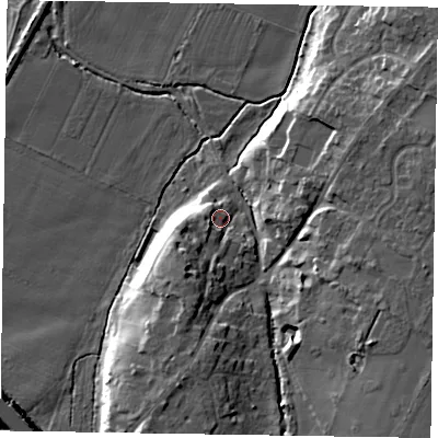 Shaded relief map of the ground around NG242NX, computed from Environment Agency LiDAR. The ground here sits at about 13 m above sea level and falls 12 m across the surrounding 800 m. Surface water reaching this point runs off ground lying to the south-south-west, 7.4 m higher.