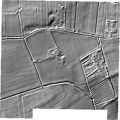 Shaded relief map of the ground around NG242SL, computed from Environment Agency LiDAR. The ground here sits at about 18 m above sea level and falls 5 m across the surrounding 800 m. Surface water reaching this point runs off ground lying to the north-west, 0.7 m higher.