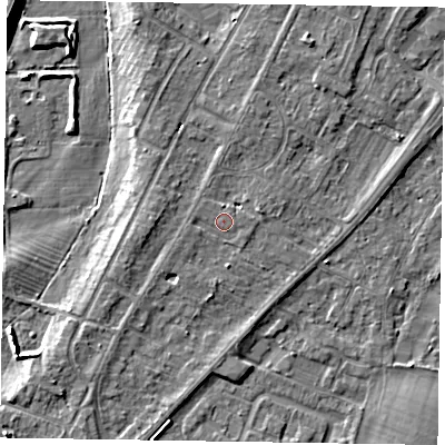 Shaded relief map of the ground around NG242TS, computed from Environment Agency LiDAR. The ground here sits at about 12 m above sea level and falls 8 m across the surrounding 800 m. Surface water reaching this point runs off ground lying to the west-south-west, 0.8 m higher.