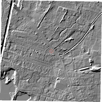 Shaded relief map of the ground around NG243AH, computed from Environment Agency LiDAR. The ground here sits at about 17 m above sea level and falls 9 m across the surrounding 800 m. Surface water reaching this point runs off ground lying to the west, 1.7 m higher.