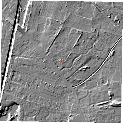 Shaded relief map of the ground around NG243AL, computed from Environment Agency LiDAR. The ground here sits at about 18 m above sea level and falls 9 m across the surrounding 800 m. Surface water reaching this point runs off ground lying to the west-north-west, 0.9 m higher.