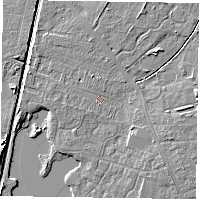 Shaded relief map of the ground around NG243AR, computed from Environment Agency LiDAR. The ground here sits at about 17 m above sea level and falls 9 m across the surrounding 800 m. Surface water reaching this point runs off ground lying to the north-north-west, 2.1 m higher.