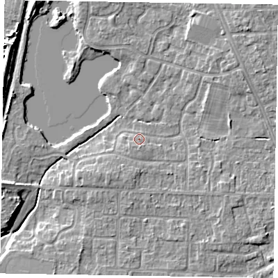 Shaded relief map of the ground around NG243BS, computed from Environment Agency LiDAR. The ground here sits at about 17 m above sea level and falls 9 m across the surrounding 800 m. Surface water reaching this point runs off ground lying to the south, 0.9 m higher.