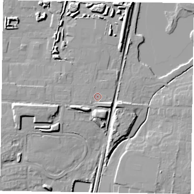 Shaded relief map of the ground around NG243BU, computed from Environment Agency LiDAR. The ground here sits at about 17 m above sea level and falls 11 m across the surrounding 800 m. Surface water reaching this point runs off ground lying to the east-south-east, 3.4 m higher.