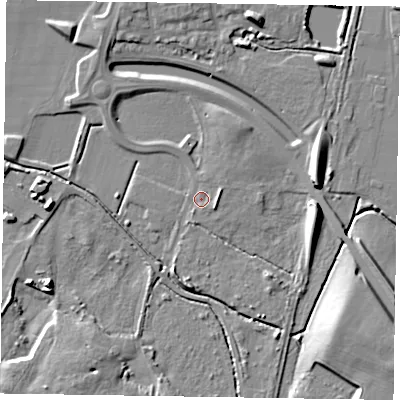 Shaded relief map of the ground around NG243BY, computed from Environment Agency LiDAR. The ground here sits at about 13 m above sea level and falls 10 m across the surrounding 800 m. Surface water reaching this point runs off ground lying to the east-south-east, 2.6 m higher.