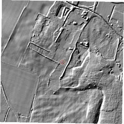 Shaded relief map of the ground around NG243BZ, computed from Environment Agency LiDAR. The ground here sits at about 14 m above sea level and falls 7 m across the surrounding 800 m. Surface water reaching this point runs off ground lying to the west-south-west, 1.2 m higher.