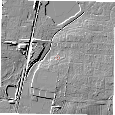 Shaded relief map of the ground around NG243EL, computed from Environment Agency LiDAR. The ground here sits at about 16 m above sea level and falls 10 m across the surrounding 800 m. Surface water reaching this point runs off ground lying to the south-south-west, 2.3 m higher.