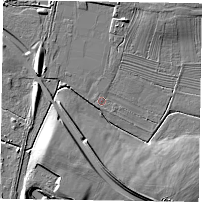 Shaded relief map of the ground around NG243EP, computed from Environment Agency LiDAR. The ground here sits at about 14 m above sea level and falls 14 m across the surrounding 800 m. Surface water reaching this point runs off ground lying to the north-north-east, 5.2 m higher.