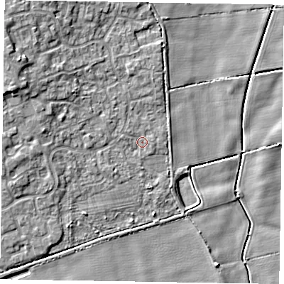 Shaded relief map of the ground around NG243FT, computed from Environment Agency LiDAR. The ground here sits at about 16 m above sea level and falls 10 m across the surrounding 800 m. Surface water reaching this point runs off ground lying to the west-north-west, 6.5 m higher.