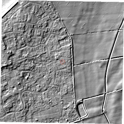 Shaded relief map of the ground around NG243FU, computed from Environment Agency LiDAR. The ground here sits at about 17 m above sea level and falls 10 m across the surrounding 800 m. Surface water reaching this point runs off ground lying to the west, 5.9 m higher.