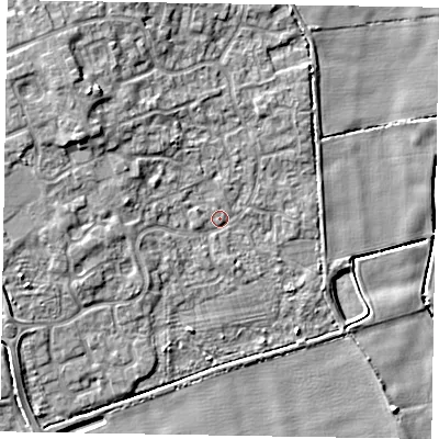 Shaded relief map of the ground around NG243GH, computed from Environment Agency LiDAR. The ground here sits at about 17 m above sea level and falls 10 m across the surrounding 800 m. Surface water reaching this point runs off ground lying to the north-west, 5.9 m higher.