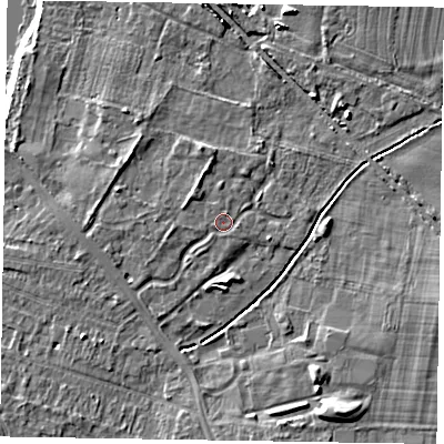 Shaded relief map of the ground around NG243GN, computed from Environment Agency LiDAR. The ground here sits at about 18 m above sea level and falls 9 m across the surrounding 800 m. Surface water reaching this point runs off ground lying to the north-west, 1.3 m higher.