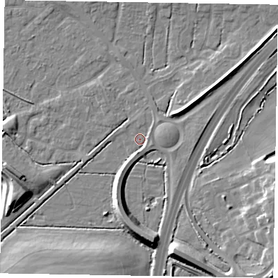 Shaded relief map of the ground around NG243GS, computed from Environment Agency LiDAR. The ground here sits at about 13 m above sea level and falls 10 m across the surrounding 800 m. Surface water reaching this point runs off ground lying to the south-south-east, 2.1 m higher.