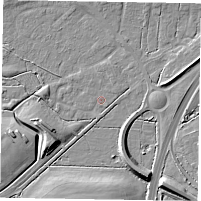 Shaded relief map of the ground around NG243GU, computed from Environment Agency LiDAR. The ground here sits at about 13 m above sea level and falls 10 m across the surrounding 800 m. Surface water reaching this point runs off ground lying to the north, 0.6 m higher.