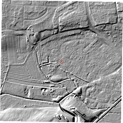 Shaded relief map of the ground around NG243HR, computed from Environment Agency LiDAR. The ground here sits at about 13 m above sea level and falls 11 m across the surrounding 800 m. Surface water reaching this point runs off ground lying to the north-north-east, 7.0 m higher.