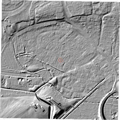 Shaded relief map of the ground around NG243HU, computed from Environment Agency LiDAR. The ground here sits at about 13 m above sea level and falls 11 m across the surrounding 800 m. Surface water reaching this point runs off ground lying to the south, 1.1 m higher.