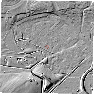 Shaded relief map of the ground around NG243HX, computed from Environment Agency LiDAR. The ground here sits at about 13 m above sea level and falls 11 m across the surrounding 800 m. Surface water reaching this point runs off ground lying to the south-east, 1.1 m higher.