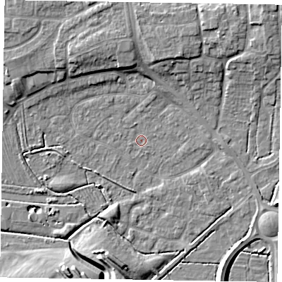 Shaded relief map of the ground around NG243HY, computed from Environment Agency LiDAR. The ground here sits at about 13 m above sea level and falls 11 m across the surrounding 800 m. Surface water reaching this point runs off ground lying to the north-north-east, 6.6 m higher.