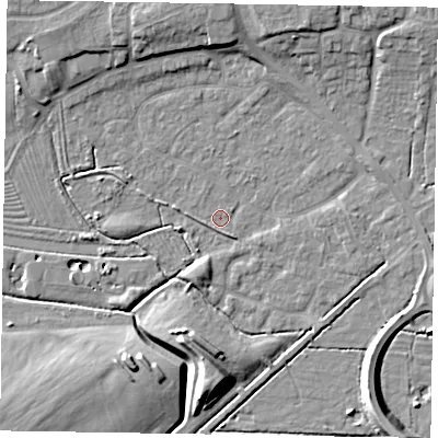 Shaded relief map of the ground around NG243HZ, computed from Environment Agency LiDAR. The ground here sits at about 13 m above sea level and falls 11 m across the surrounding 800 m. Surface water reaching this point runs off ground lying to the south-south-east, 1.1 m higher.
