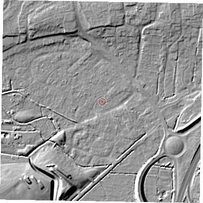 Shaded relief map of the ground around NG243JA, computed from Environment Agency LiDAR. The ground here sits at about 13 m above sea level and falls 11 m across the surrounding 800 m. Surface water reaching this point runs off ground lying to the south-west, 8.7 m higher.