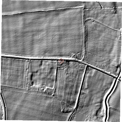 Shaded relief map of the ground around NG243JN, computed from Environment Agency LiDAR. The ground here sits at about 18 m above sea level and falls 9 m across the surrounding 800 m. Surface water reaching this point runs off ground lying to the north-north-west, 1.6 m higher.