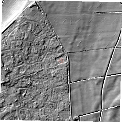 Shaded relief map of the ground around NG243JS, computed from Environment Agency LiDAR. The ground here sits at about 16 m above sea level and falls 10 m across the surrounding 800 m. Surface water reaching this point runs off ground lying to the west-south-west, 4.7 m higher.