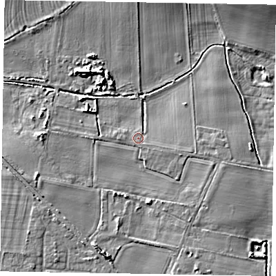 Shaded relief map of the ground around NG243NE, computed from Environment Agency LiDAR. The ground here sits at about 18 m above sea level and falls 7 m across the surrounding 800 m. Surface water reaching this point runs off ground lying to the south-east, 0.7 m higher.