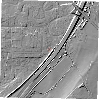 Shaded relief map of the ground around NG243RD, computed from Environment Agency LiDAR. The ground here sits at about 17 m above sea level and falls 12 m across the surrounding 800 m. Surface water reaching this point runs off ground lying to the north-east, 6.8 m higher.