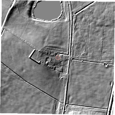 Shaded relief map of the ground around NG243RJ, computed from Environment Agency LiDAR. The ground here sits at about 14 m above sea level and falls 8 m across the surrounding 800 m. Surface water reaching this point runs off ground lying to the west-north-west, 5.7 m higher.