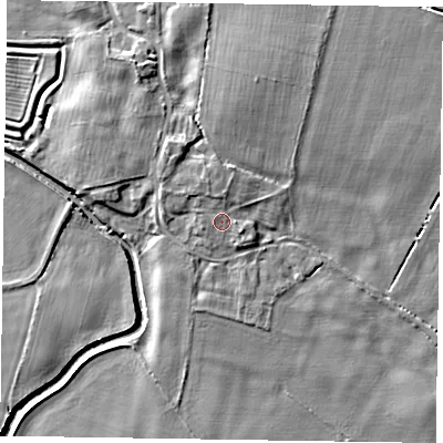 Shaded relief map of the ground around NG243RL, computed from Environment Agency LiDAR. The ground here sits at about 14 m above sea level and falls 5 m across the surrounding 800 m. Surface water reaching this point runs off ground lying to the north-north-west, 1.2 m higher.