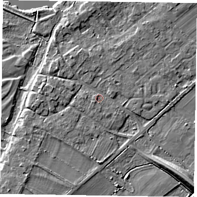 Shaded relief map of the ground around NG243SA, computed from Environment Agency LiDAR. The ground here sits at about 13 m above sea level and falls 11 m across the surrounding 800 m. Surface water reaching this point runs off ground lying to the south-west, 1.3 m higher.