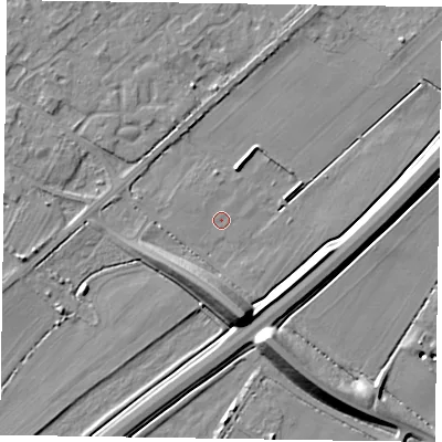 Shaded relief map of the ground around NG243SD, computed from Environment Agency LiDAR. The ground here sits at about 13 m above sea level and falls 12 m across the surrounding 800 m. Surface water reaching this point runs off ground lying to the south-south-east, 1.6 m higher.
