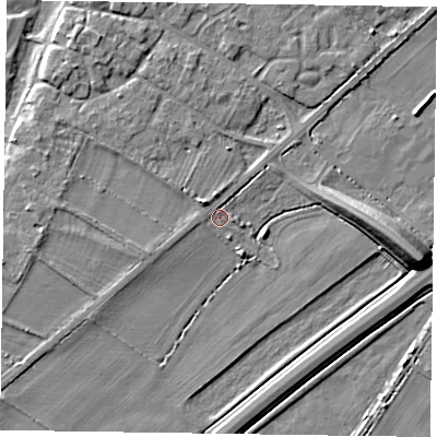 Shaded relief map of the ground around NG243SE, computed from Environment Agency LiDAR. The ground here sits at about 13 m above sea level and falls 11 m across the surrounding 800 m. Surface water reaching this point runs off ground lying to the south-south-east, 2.7 m higher.