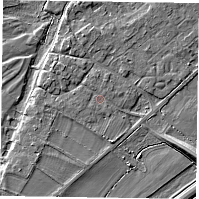 Shaded relief map of the ground around NG243SL, computed from Environment Agency LiDAR. The ground here sits at about 13 m above sea level and falls 9 m across the surrounding 800 m. Surface water reaching this point runs off ground lying to the north, 1.0 m higher.