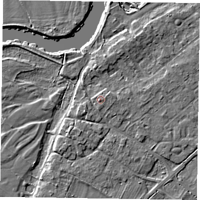 Shaded relief map of the ground around NG243SP, computed from Environment Agency LiDAR. The ground here sits at about 15 m above sea level and falls 5 m across the surrounding 800 m. Surface water reaching this point runs off ground lying to the south-west, 1.5 m higher.