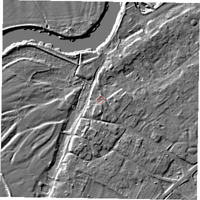 Shaded relief map of the ground around NG243SR, computed from Environment Agency LiDAR. The ground here sits at about 13 m above sea level and falls 5 m across the surrounding 800 m. Surface water reaching this point runs off ground lying to the south, 2.3 m higher.